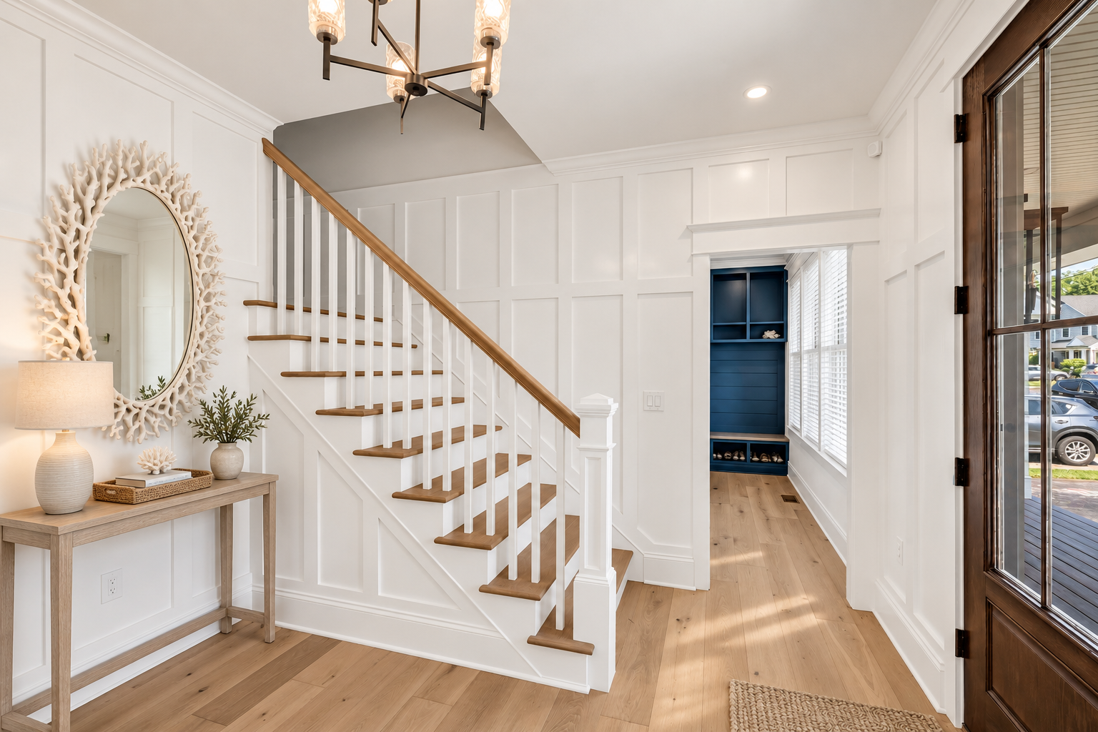 Custom coastal staircase and entry hall