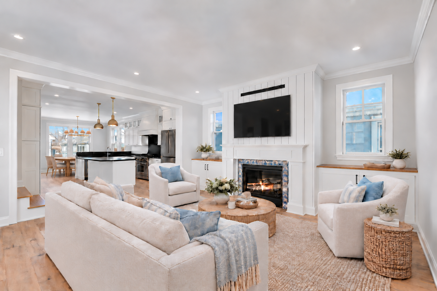 Light-filled custom coastal living room