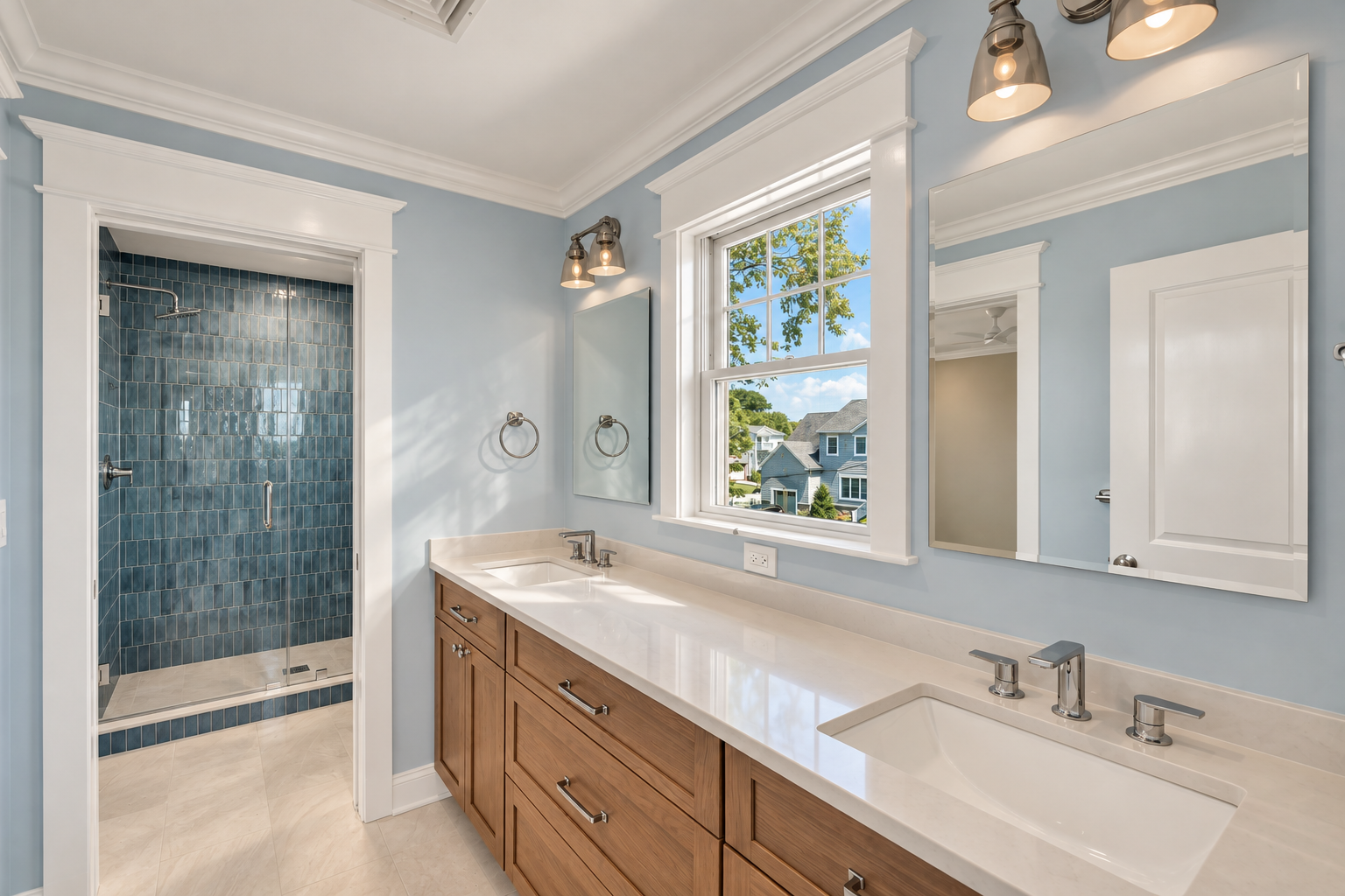 Custom bathroom with blue tile shower and wood vanity